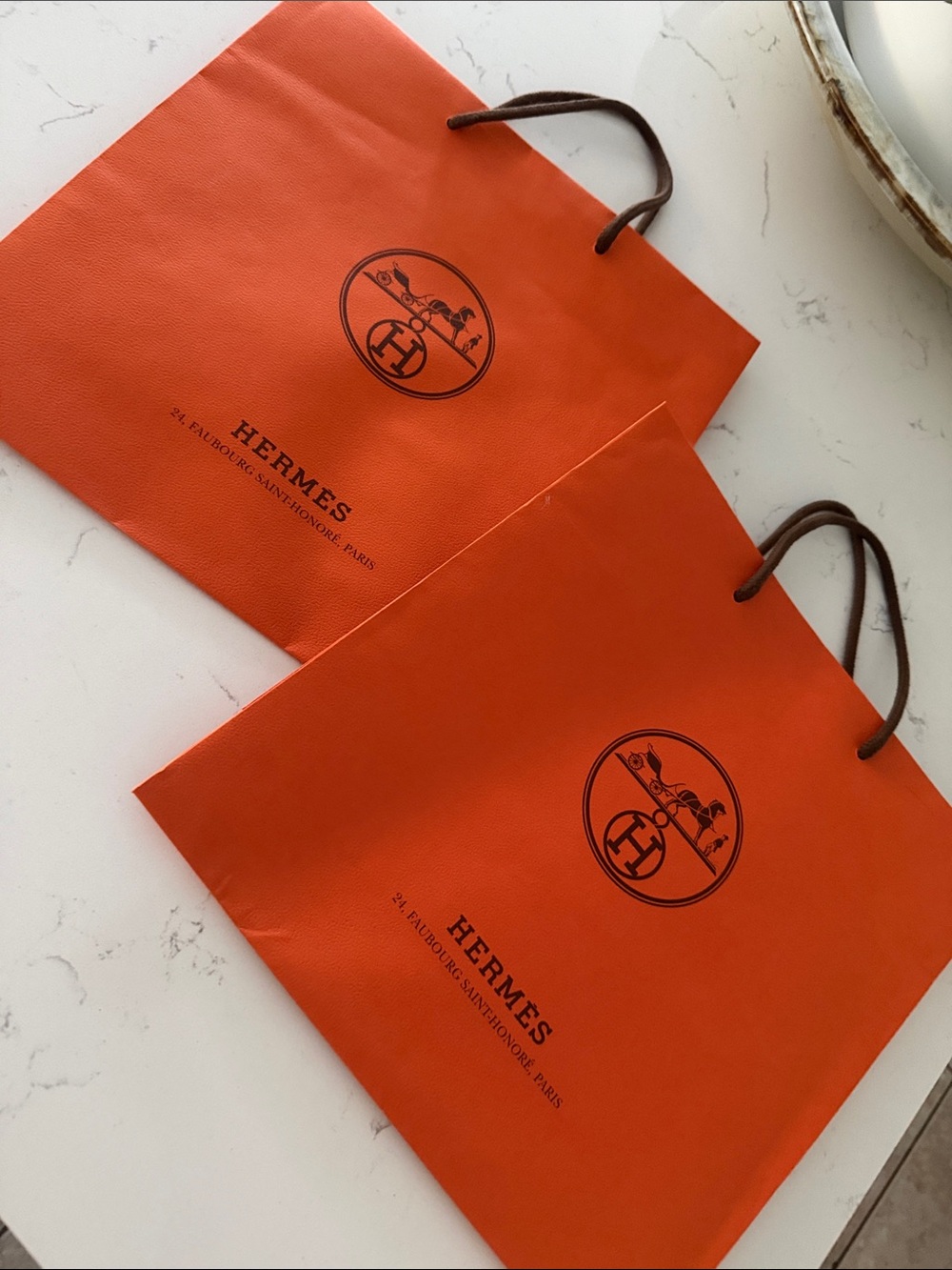 2 Hermes Gift Bags authentic Orange with Brown Rope 12x12 Paris France